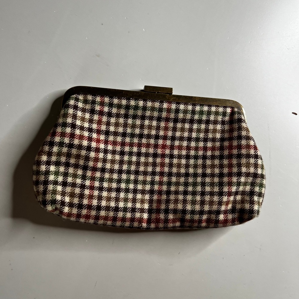 J.Crew Plaid Wool Kiss Lock Clutch Bag Brown Red Green Brass Frame One Size
